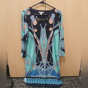 Dress Barn Blue and Green Midi Shift Dress Size Medium. Like New